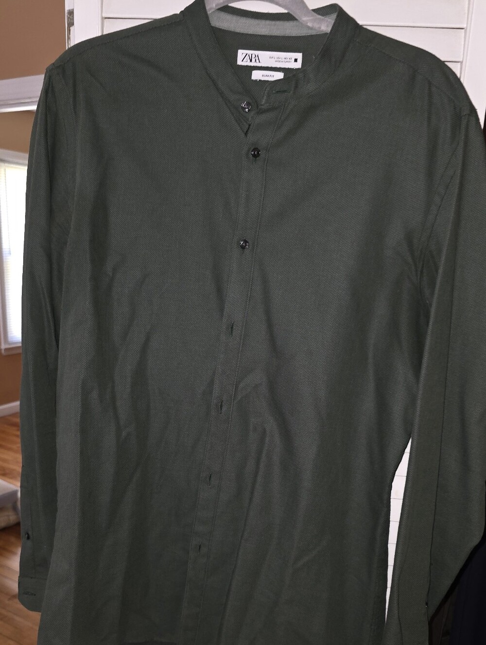 Zara Men’s Dark Olive Green Mandarin Collar Shirt Slim Fit Size Large